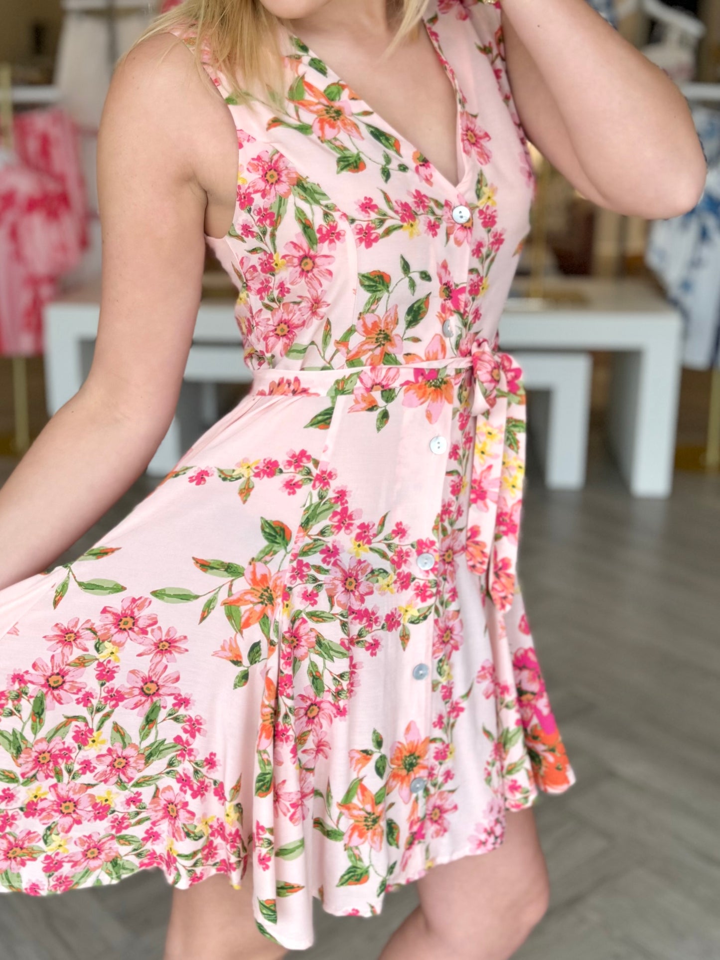 Peach Floral Button Front Dress
