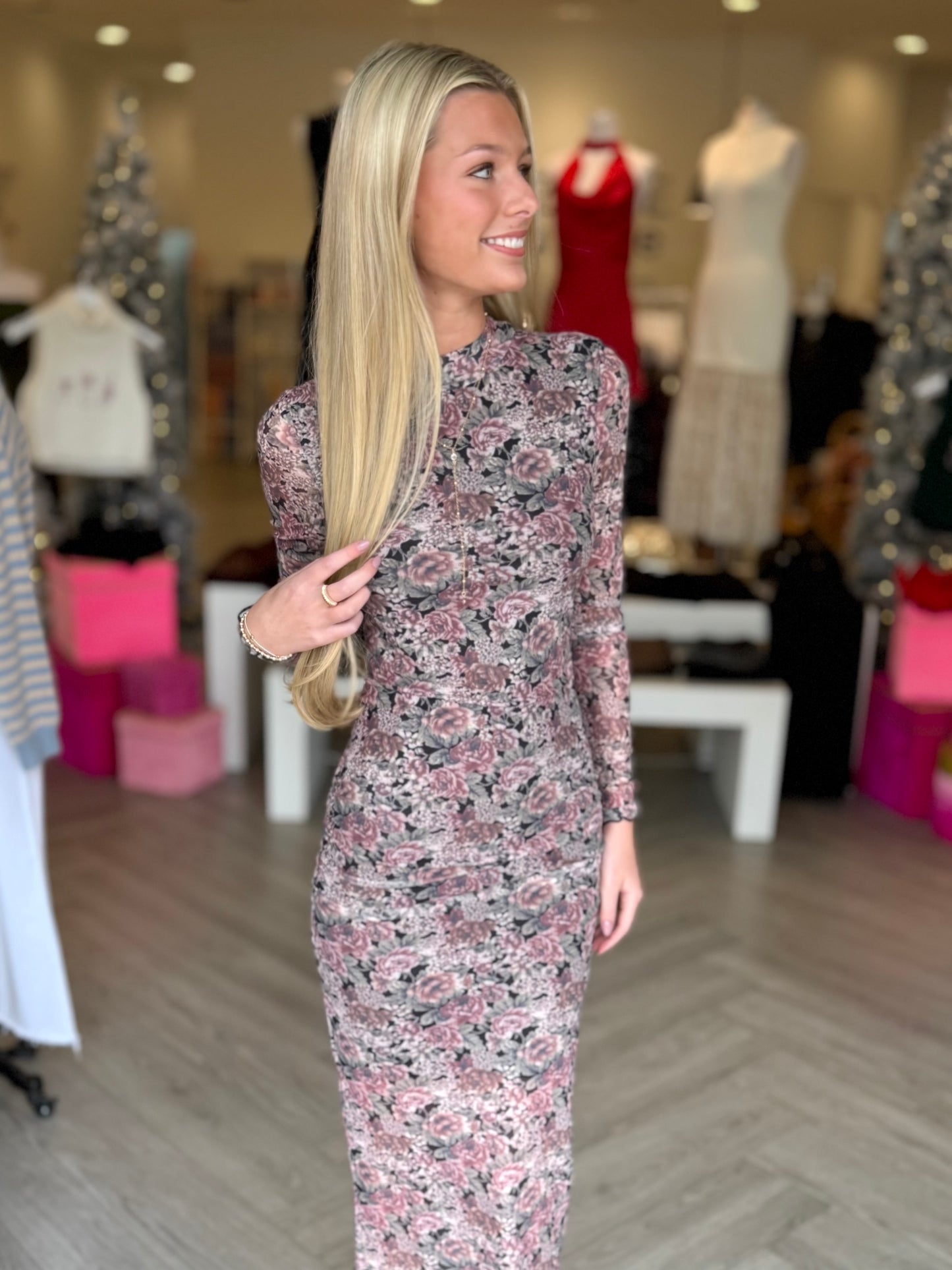 Dusky Floral Mesh Maxi Dress