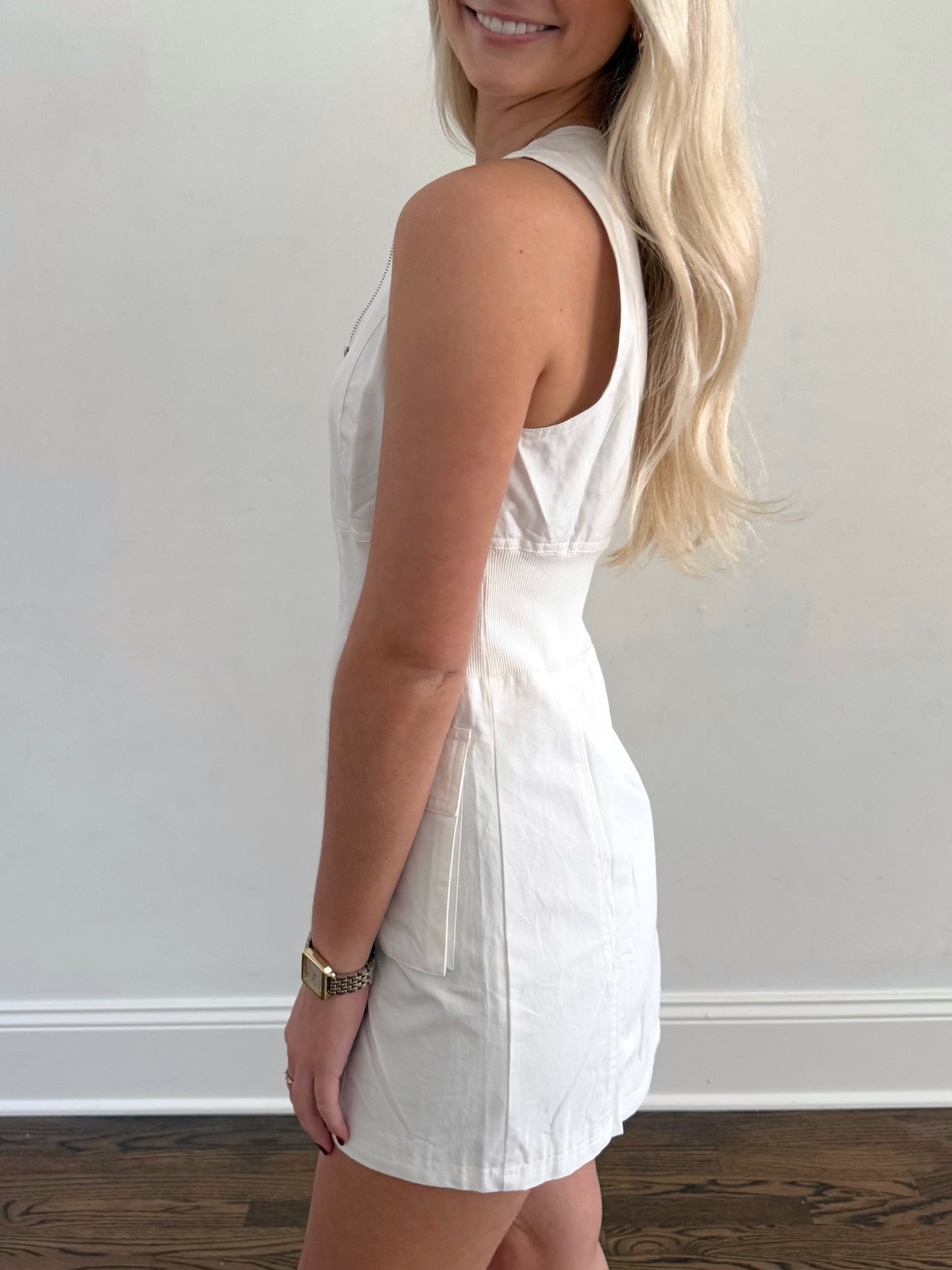 White Pocket Zip Front Dress