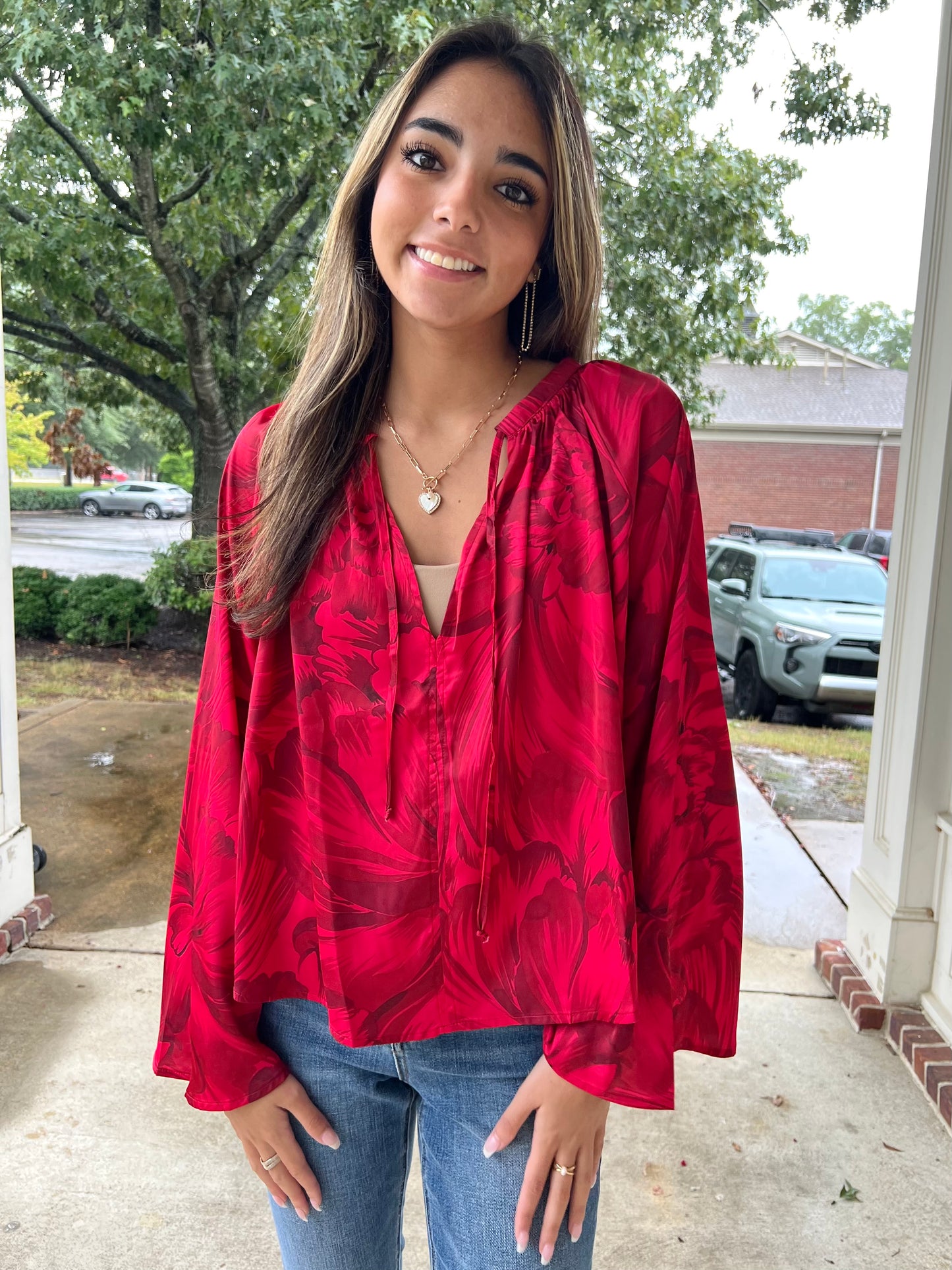 Red Floral Tie Blouse