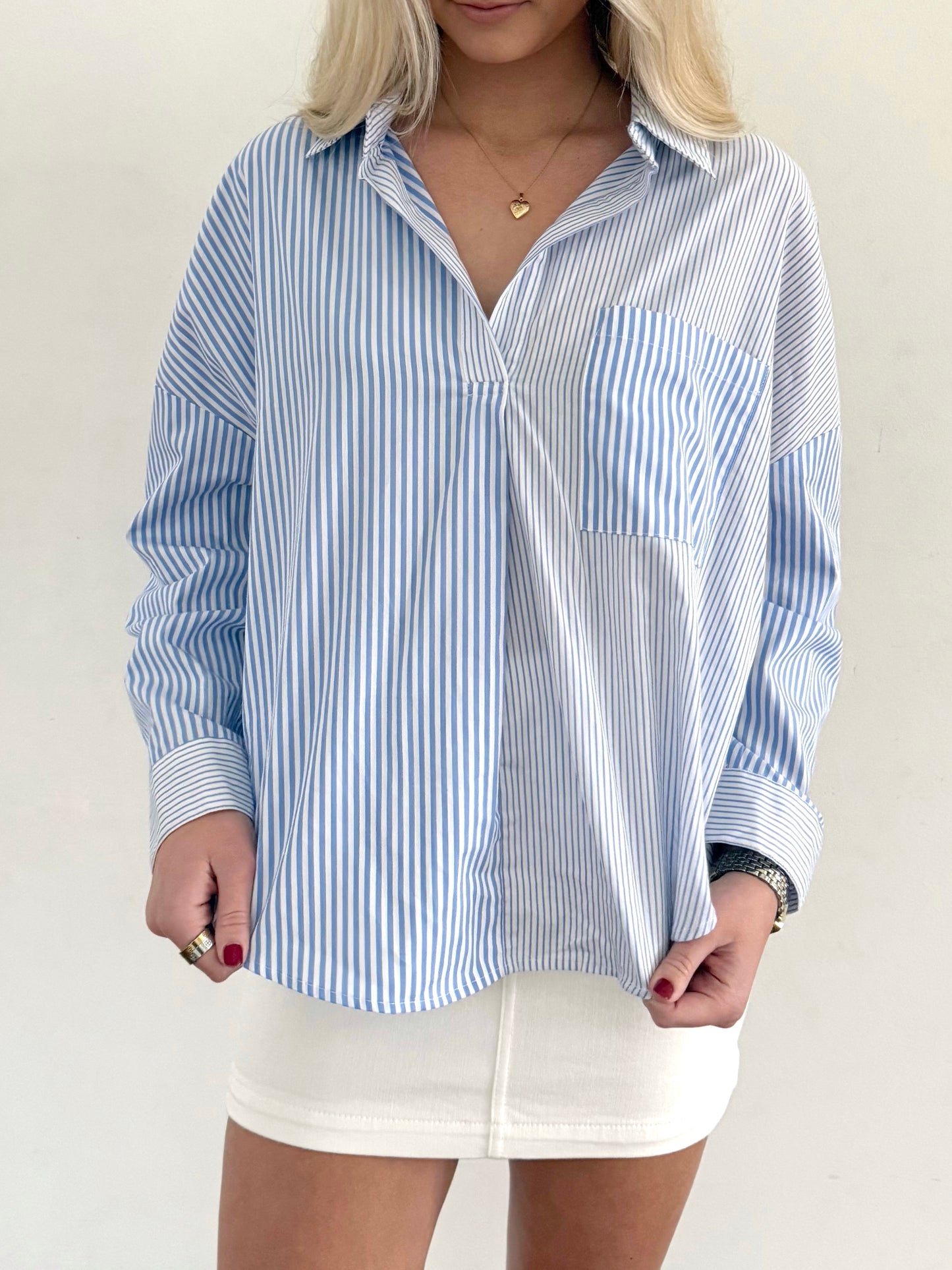 Blue Multi Stripe V-Neck Shirt