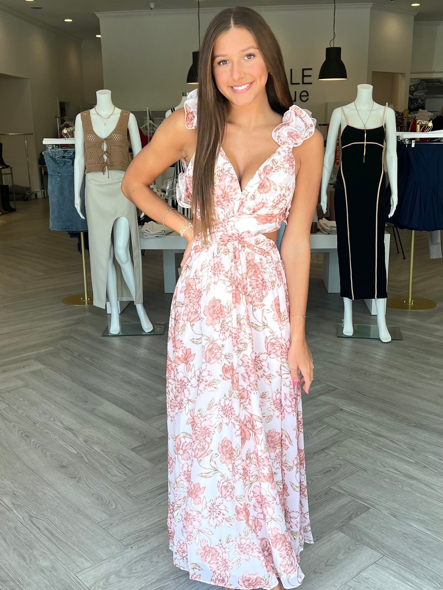 Peach Floral Strapy Back Maxi