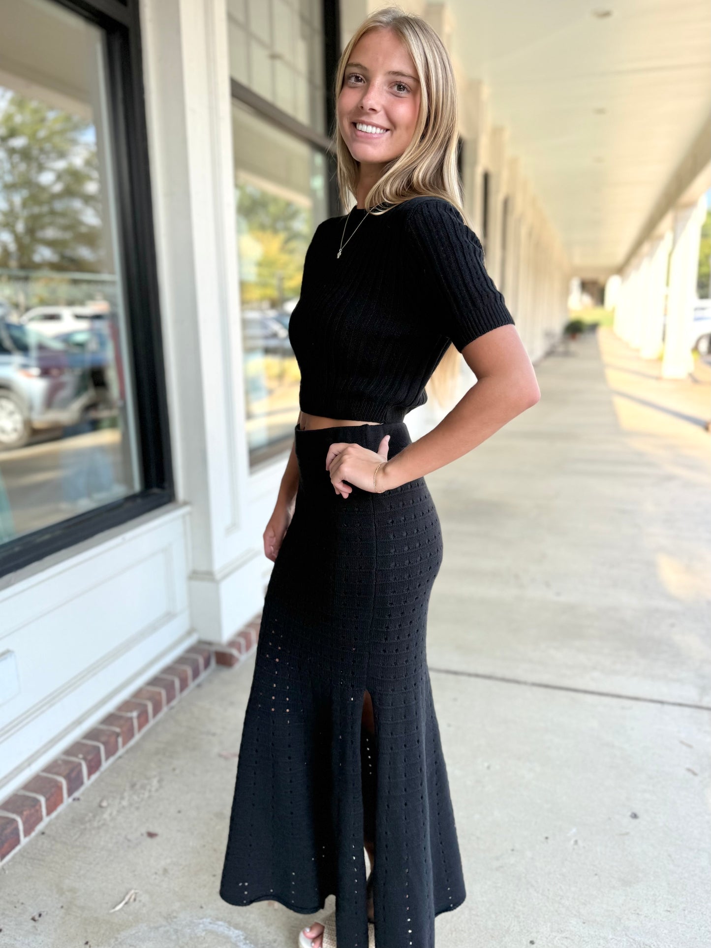 Black Pointelle Sweater Top