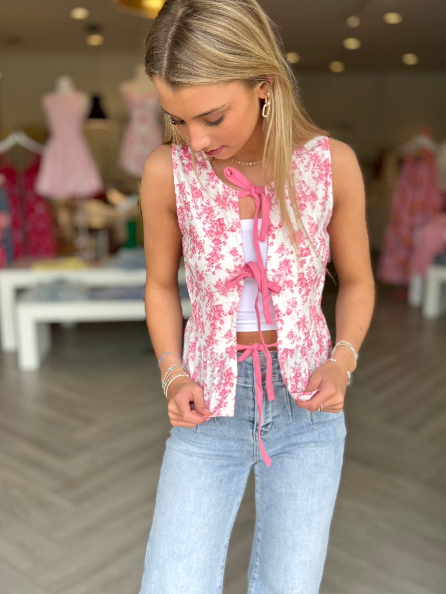 Red Floral Triple Ties Top