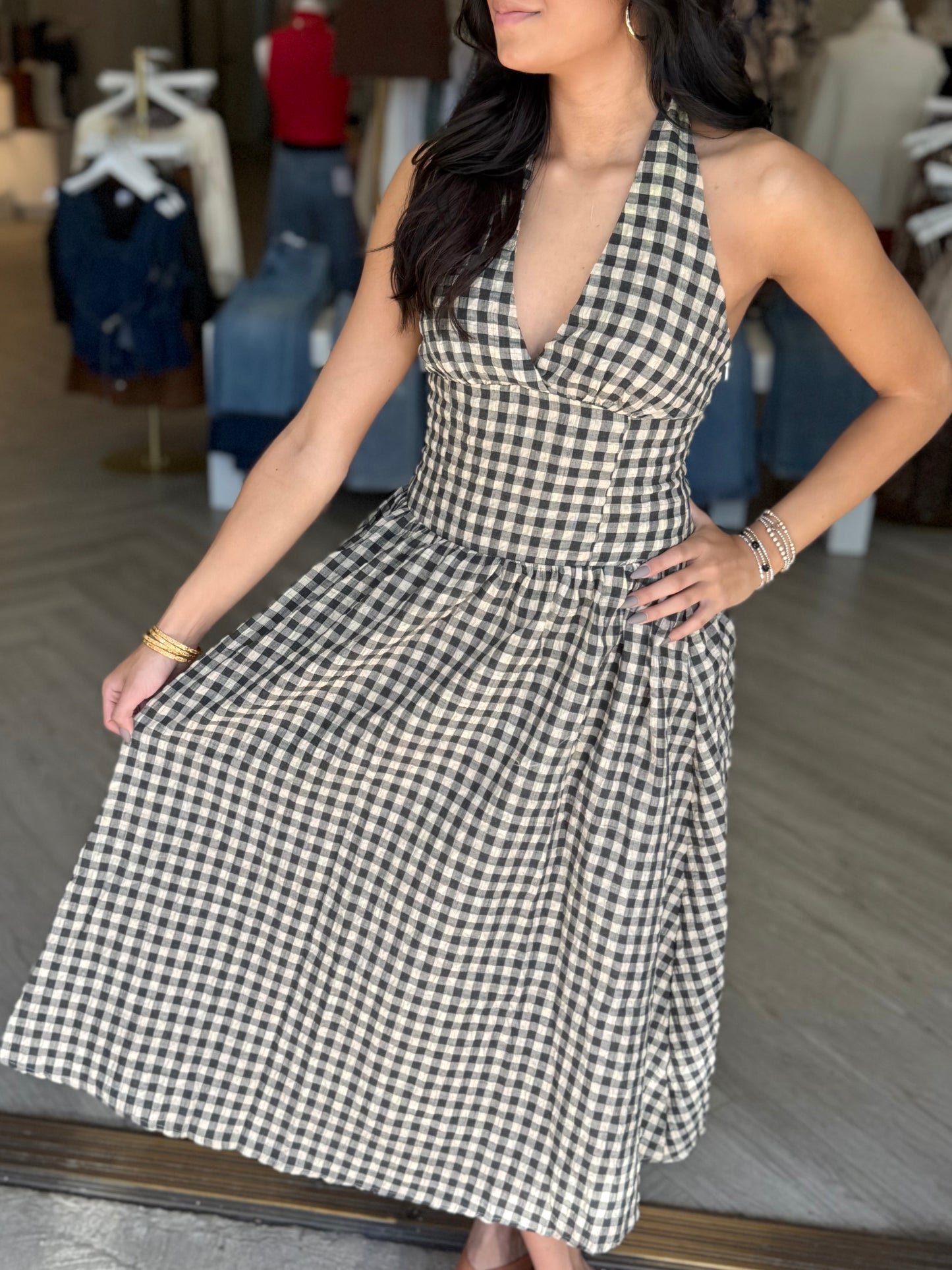 Vintage Checker Fit&Flare Halter Midi