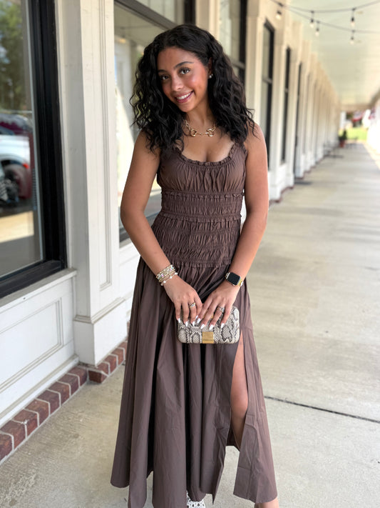 Brown Smocked Slit Maxi