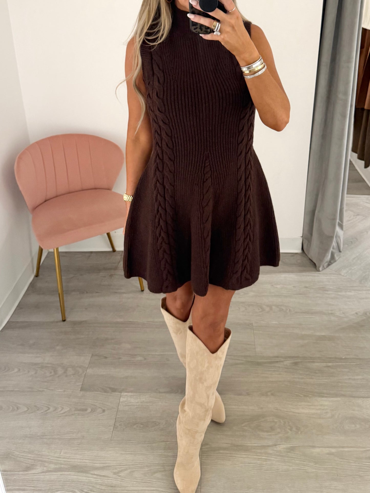 Brown Cable Knitted Flare Mini Dress