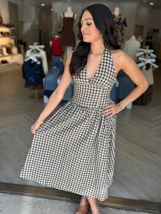 Vintage Checker Fit&Flare Halter Midi