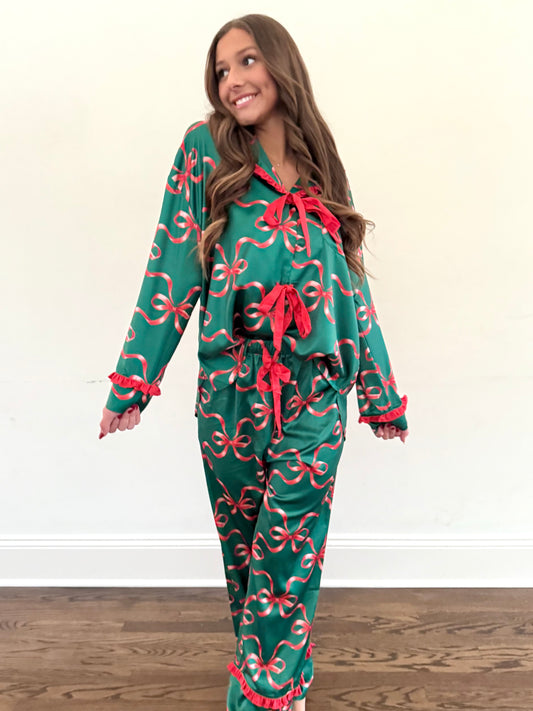 Green/Red Bow Satin Pajamas (SET)