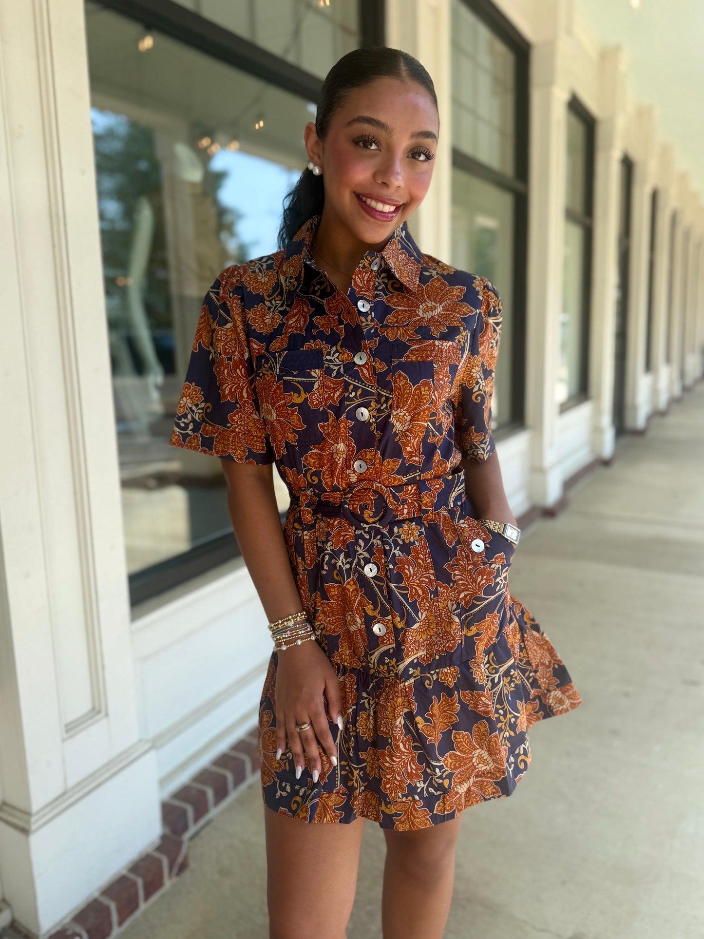 Navy/Rust Belted Dress