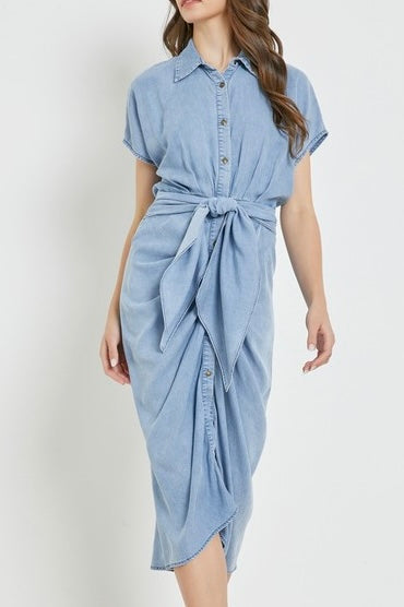 Denim Ruched Waist Tied Dress