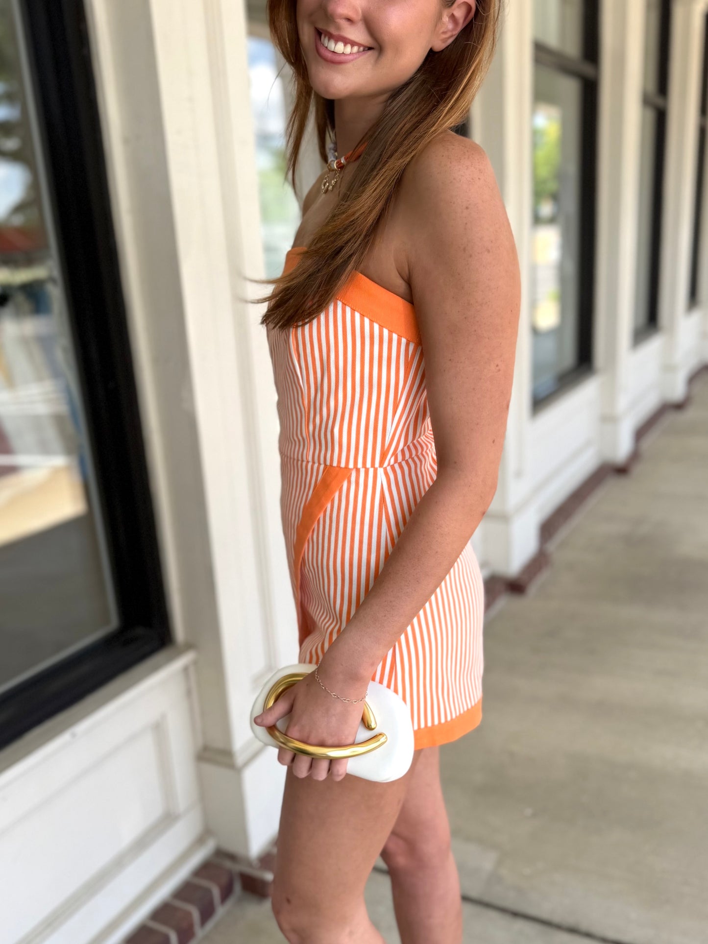 Denim Orange Stripe Romper