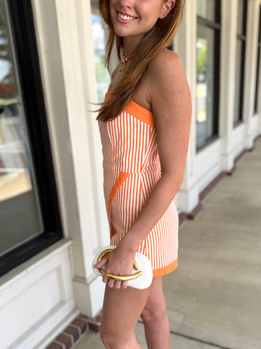 Denim Orange Stripe Romper