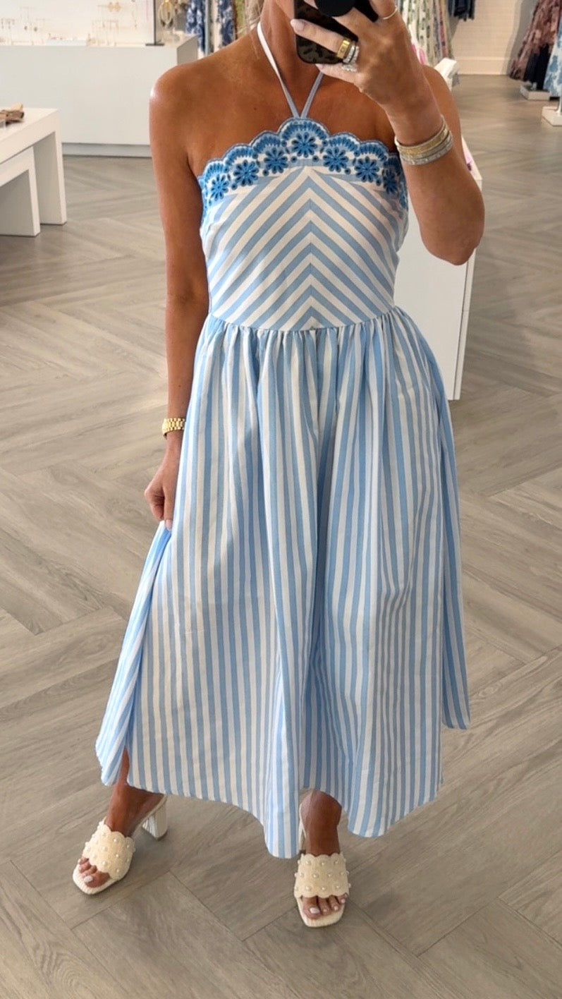 Blue Scalloped Halter Embr. Midi