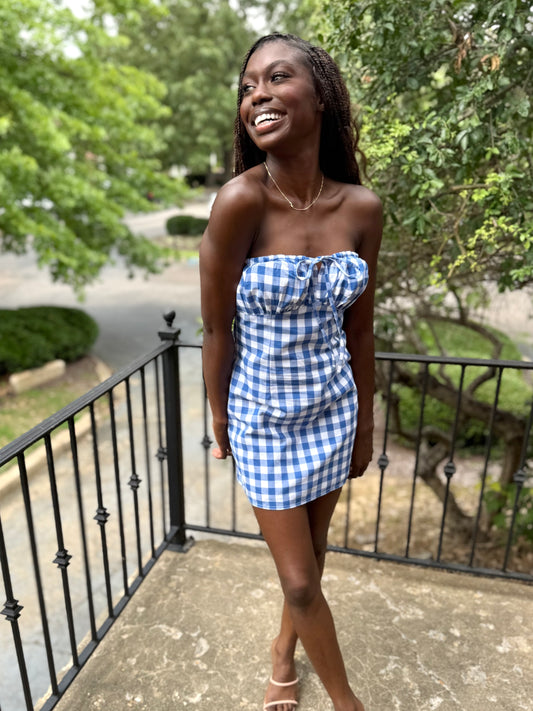 White/Blue Check Mini Dress