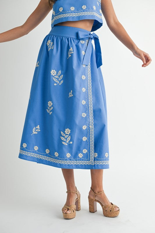 Blue Boho Stitched Floral Skirt