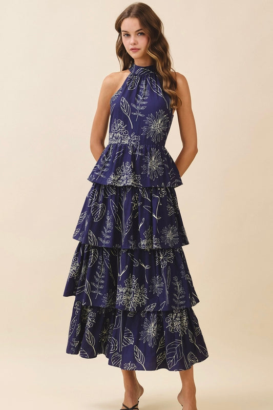 Navy Floral Sketch Tiered Maxi