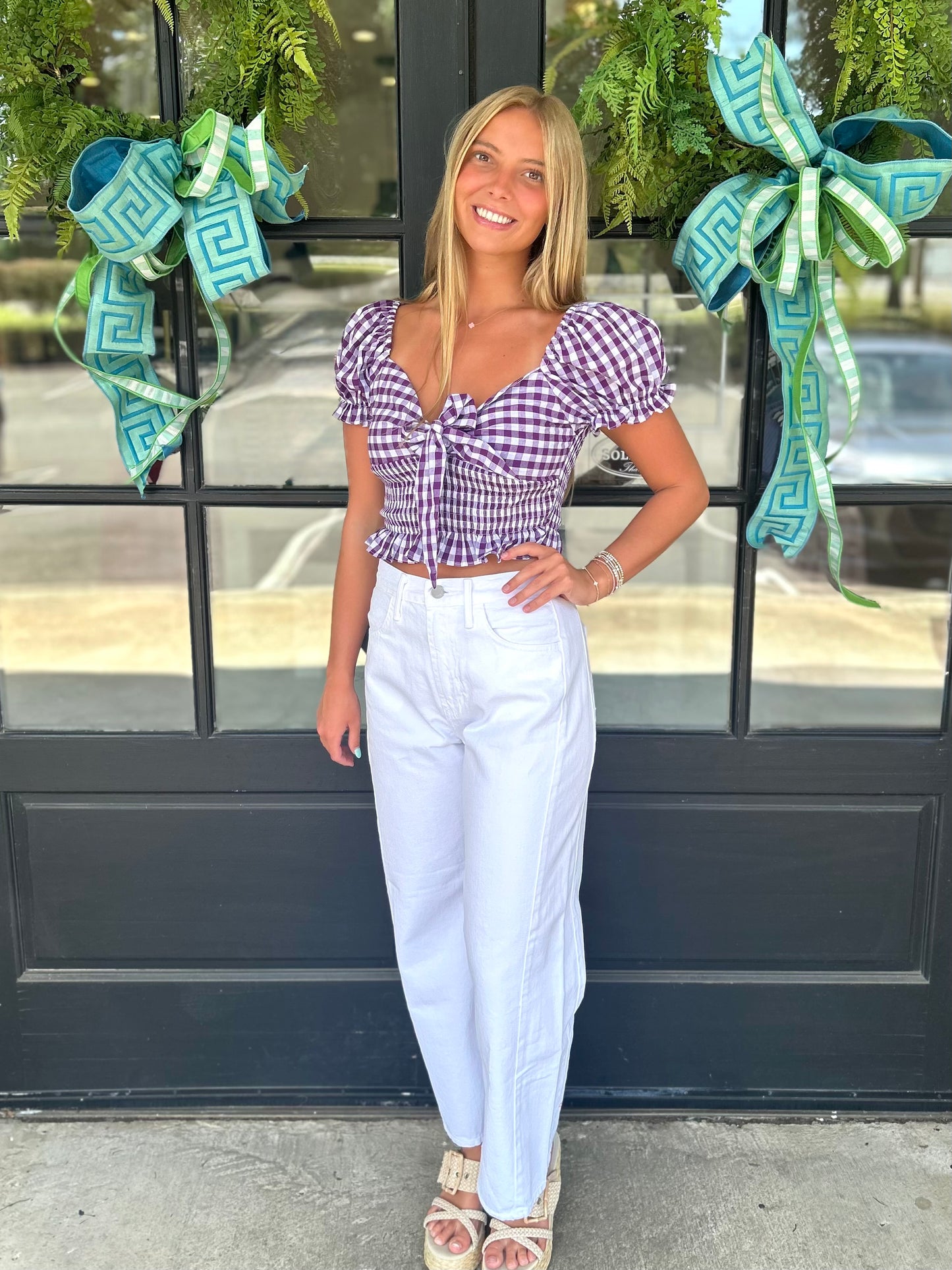 Puff Sleeve Gingham Tie Top (3 colors)