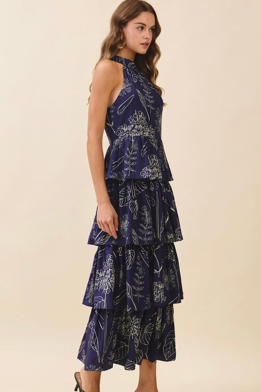 Navy Floral Sketch Tiered Maxi