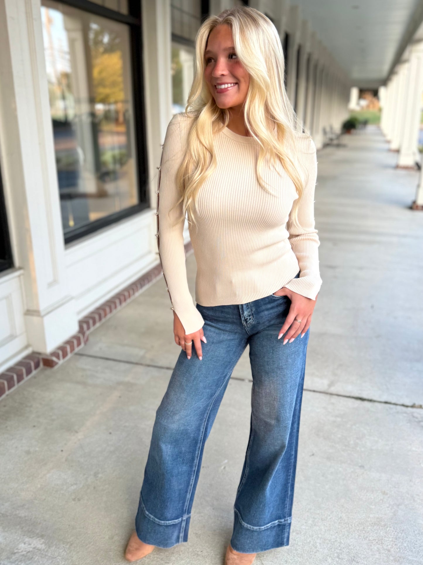 Metal Button Slit Sweater Top (2 colors)