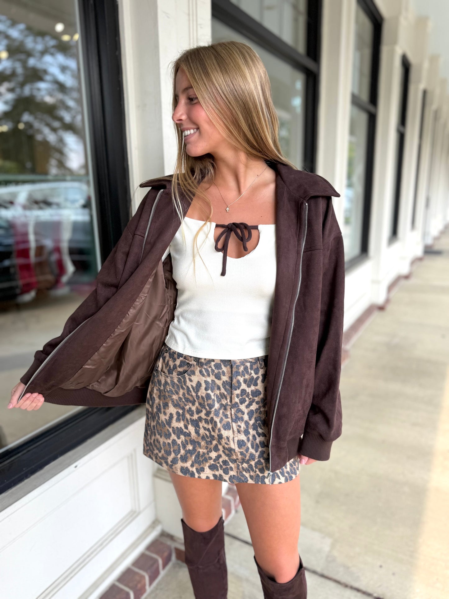 Brown L/S Suede Bomber