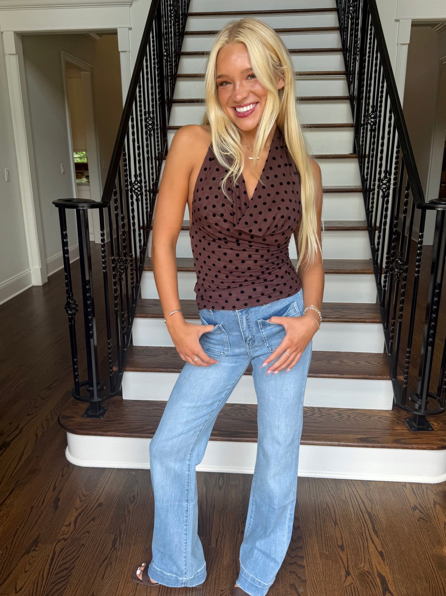 Velvet Dotted Cowl Neck Top