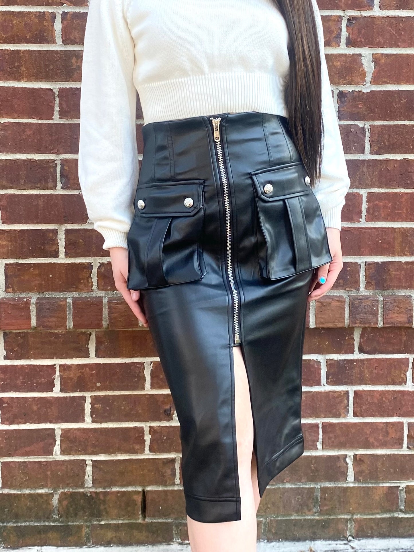 Black Midi Leather Cargo Skirt