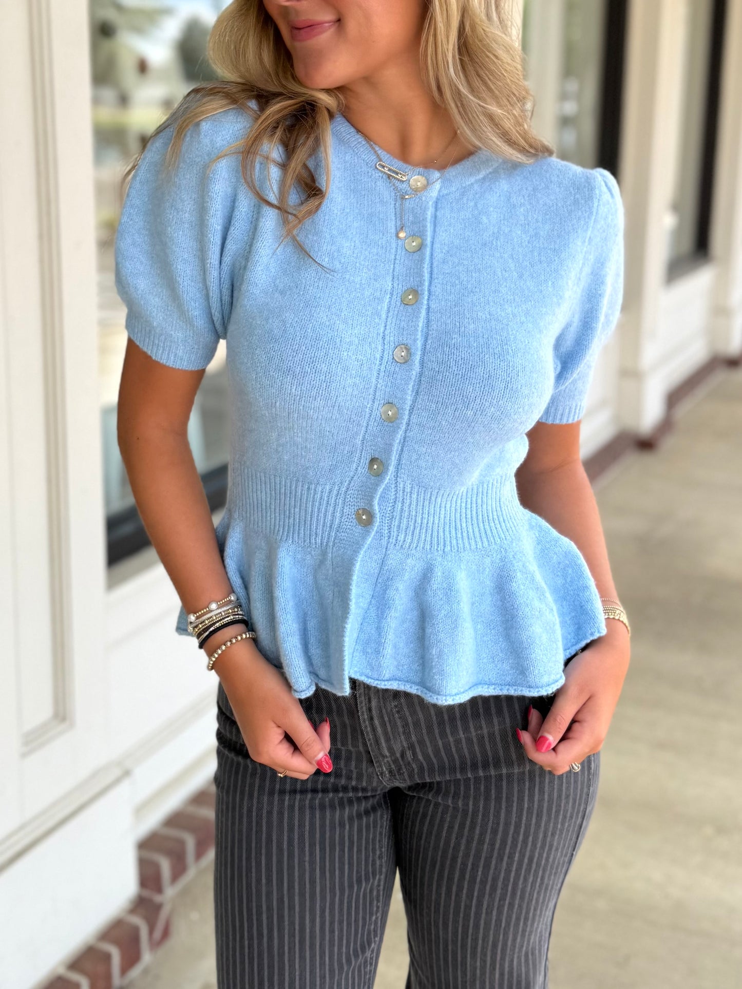 Blue Puff Sleeve Peplum Cardigan