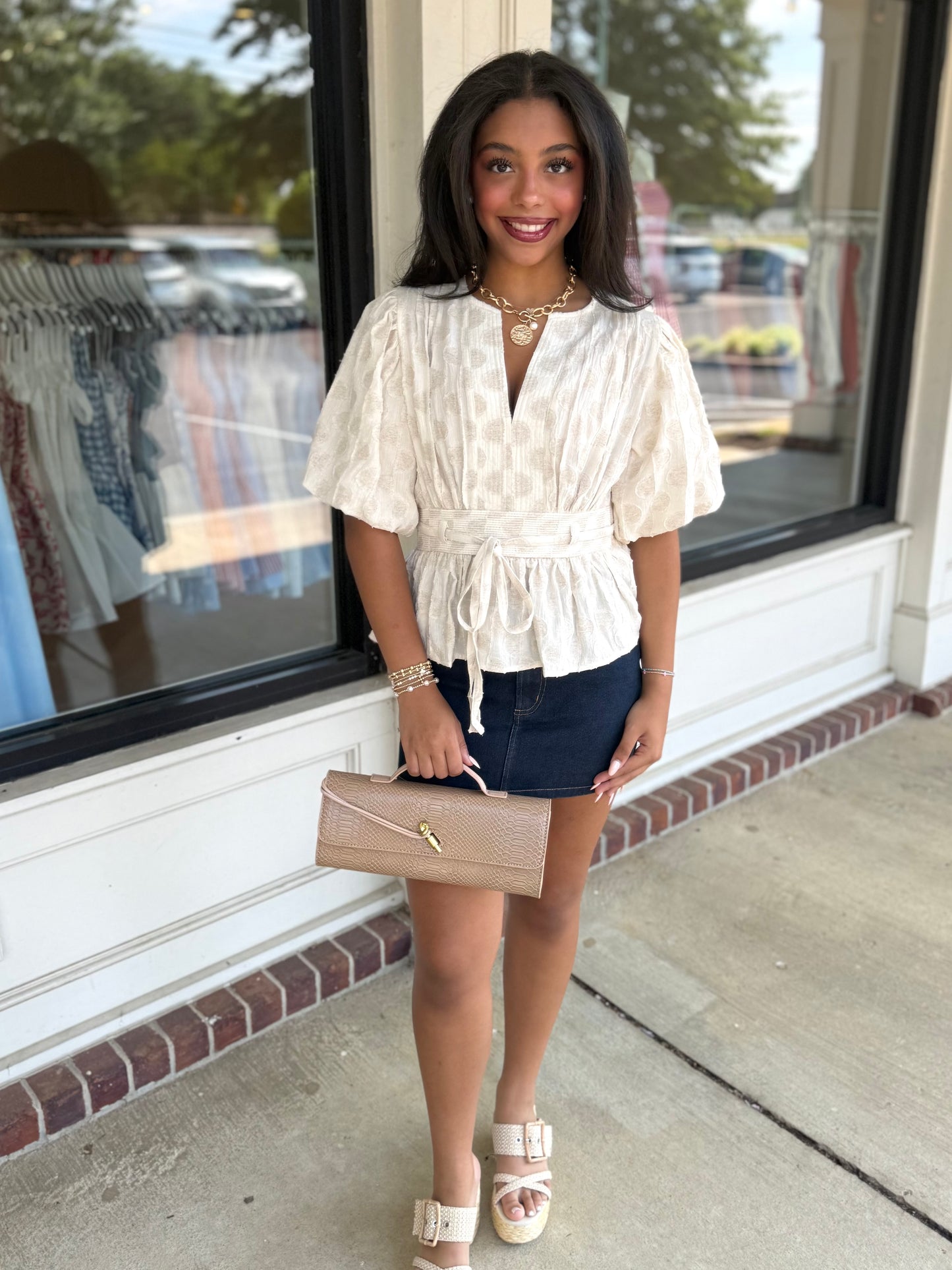 Oatmeal Textured Bubble Sleeve Top