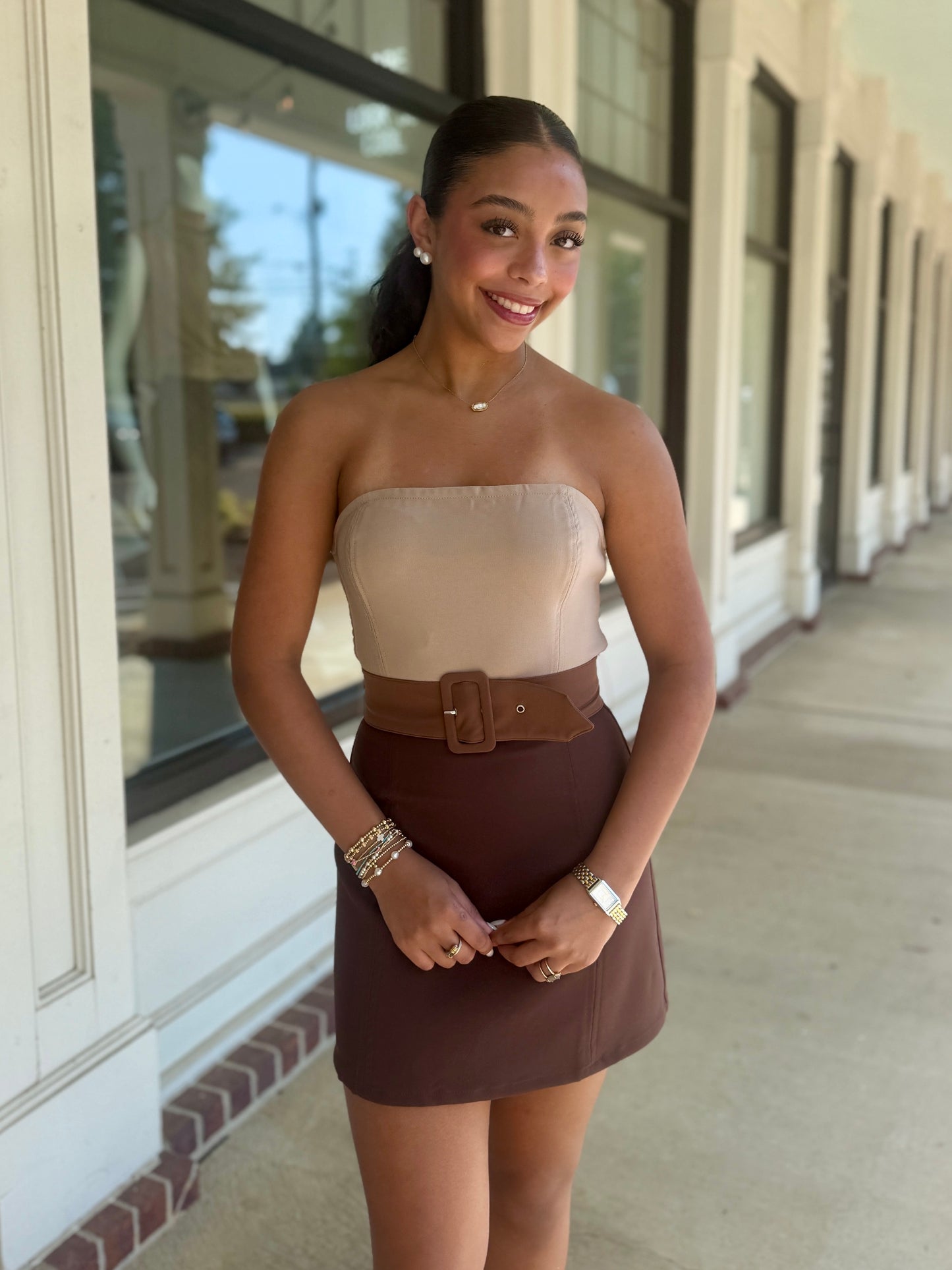 Brown Color Block Strapless Mini