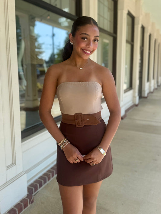 Brown Color Block Strapless Mini