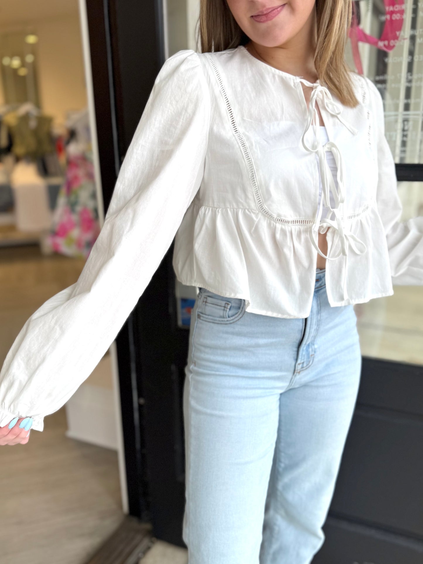 White Puff L/S Open Blouse