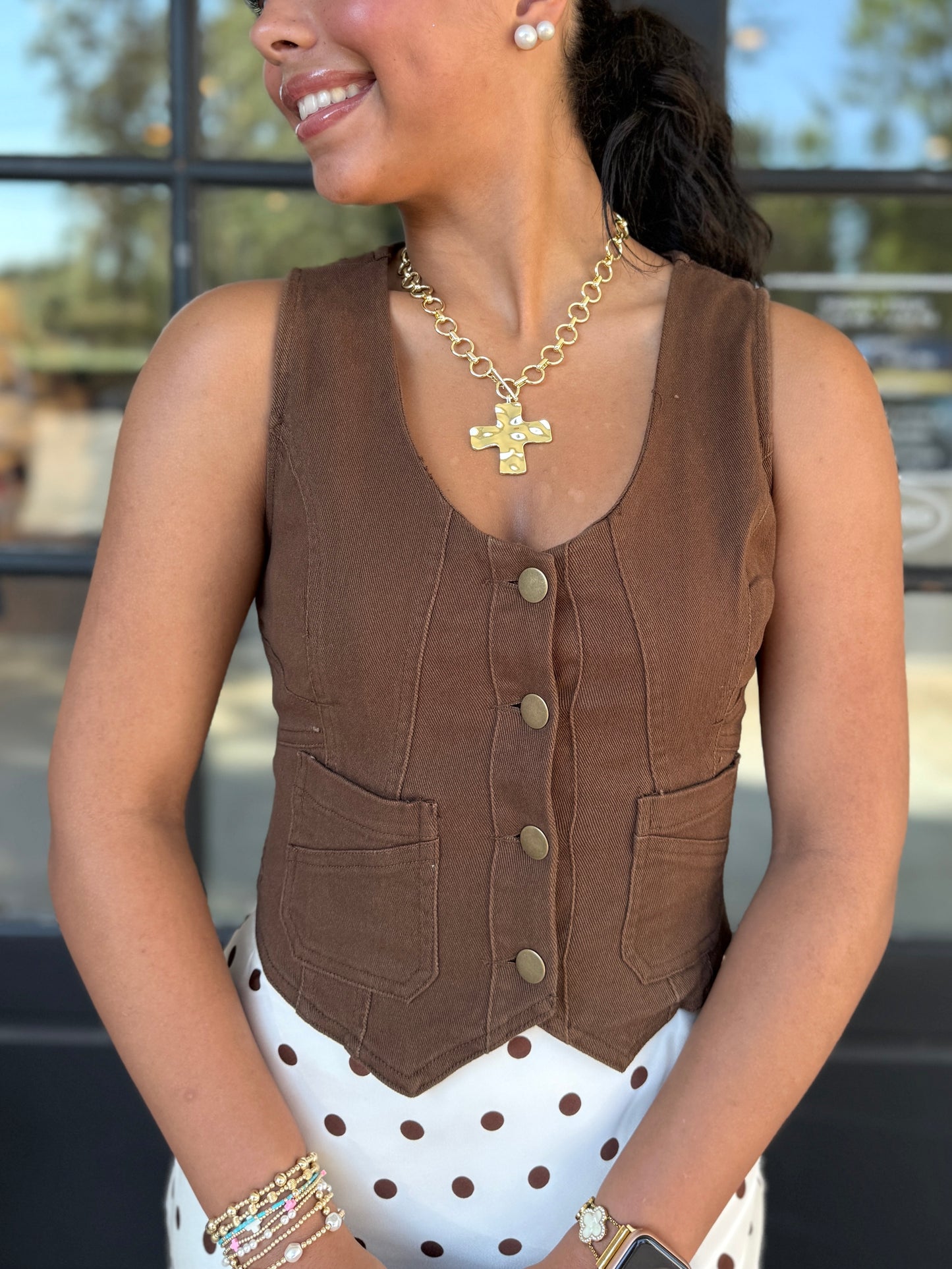 Brown Cropped Button Vest