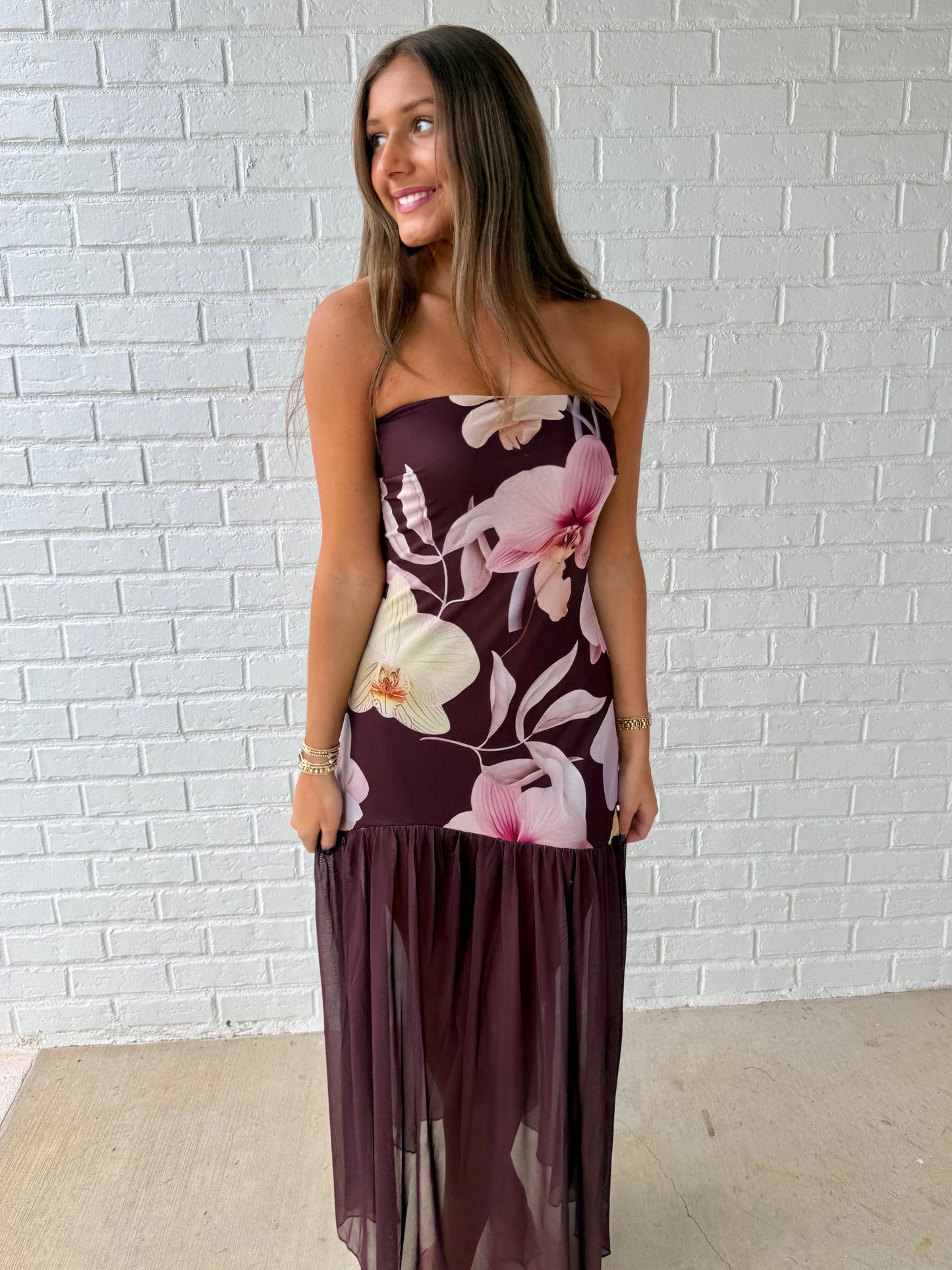 Brown Strapless Sheer Floral Maxi