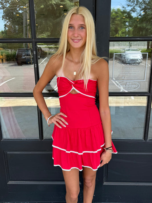 Red Twist Lace Trim Romper