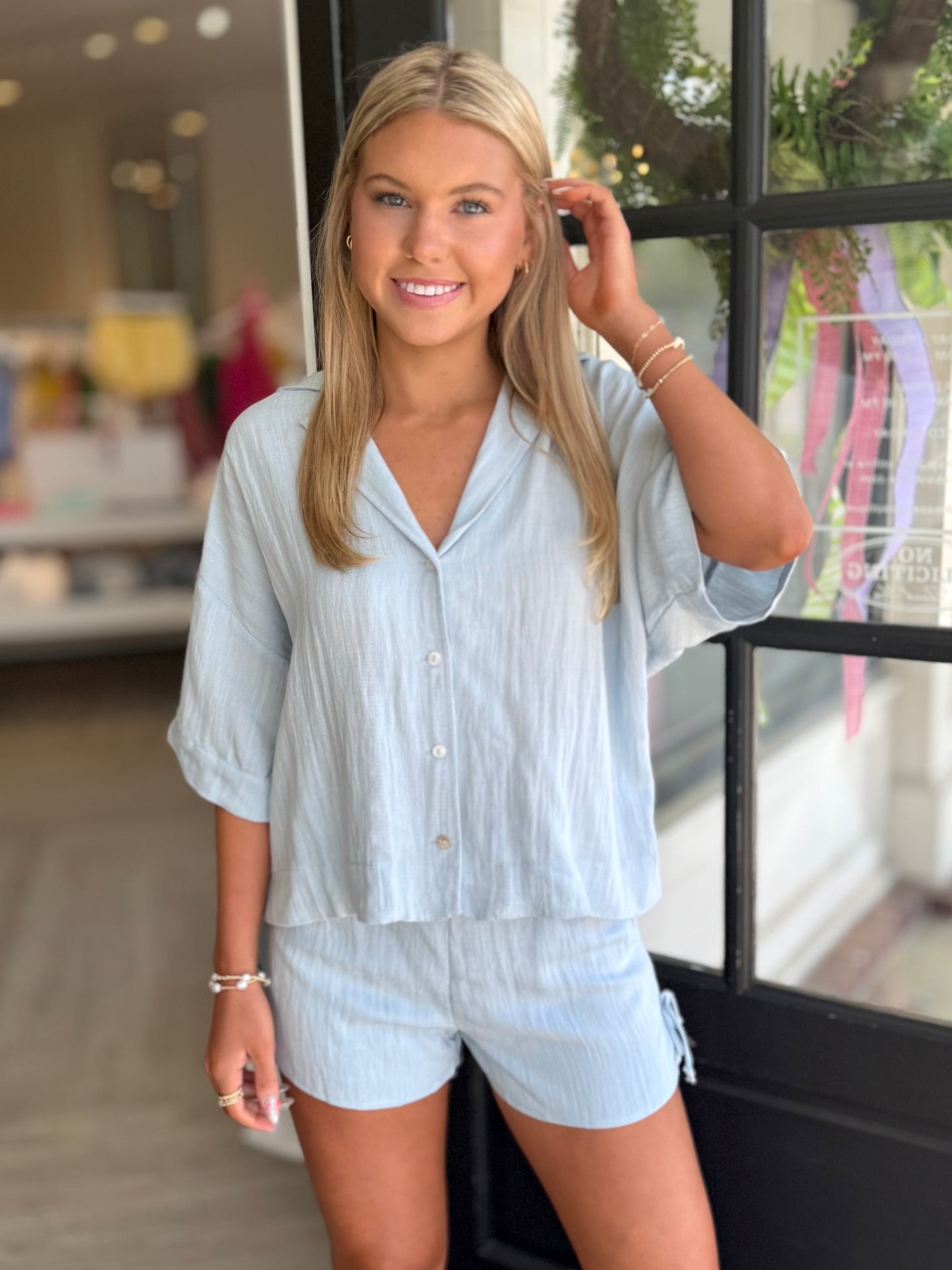 Blue Button Oversized Crop