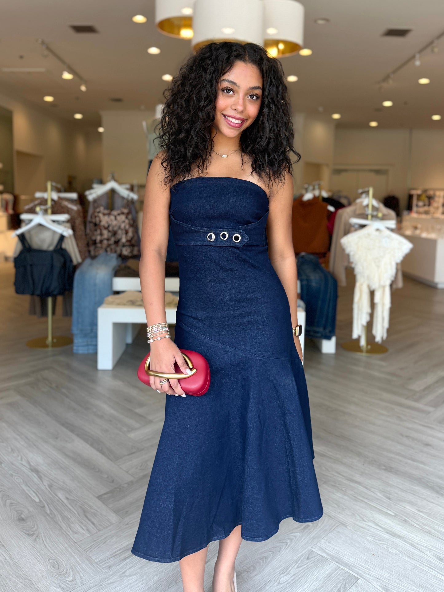 Denim Asym. Strapless Midi