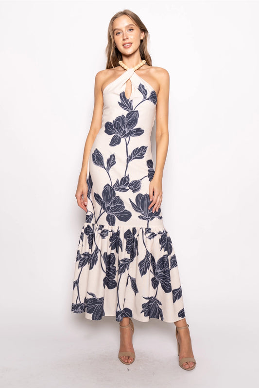 Navy Floral Bead Halter Maxi