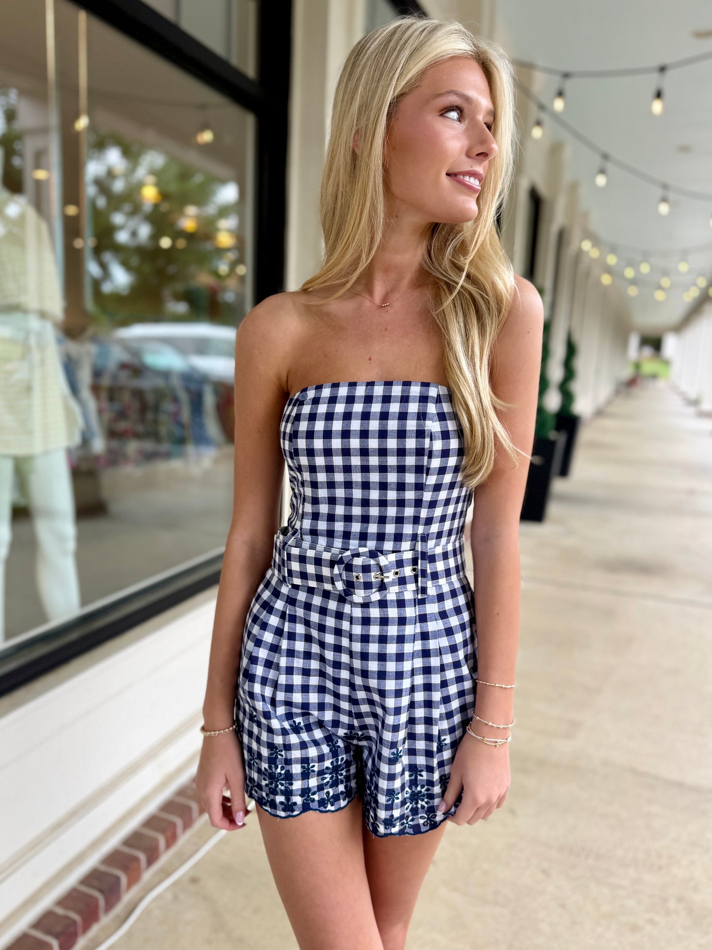 White/Navy Check Romper