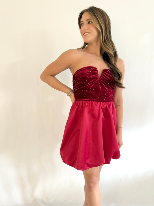 Deep Red Rhinestone Satin Mini