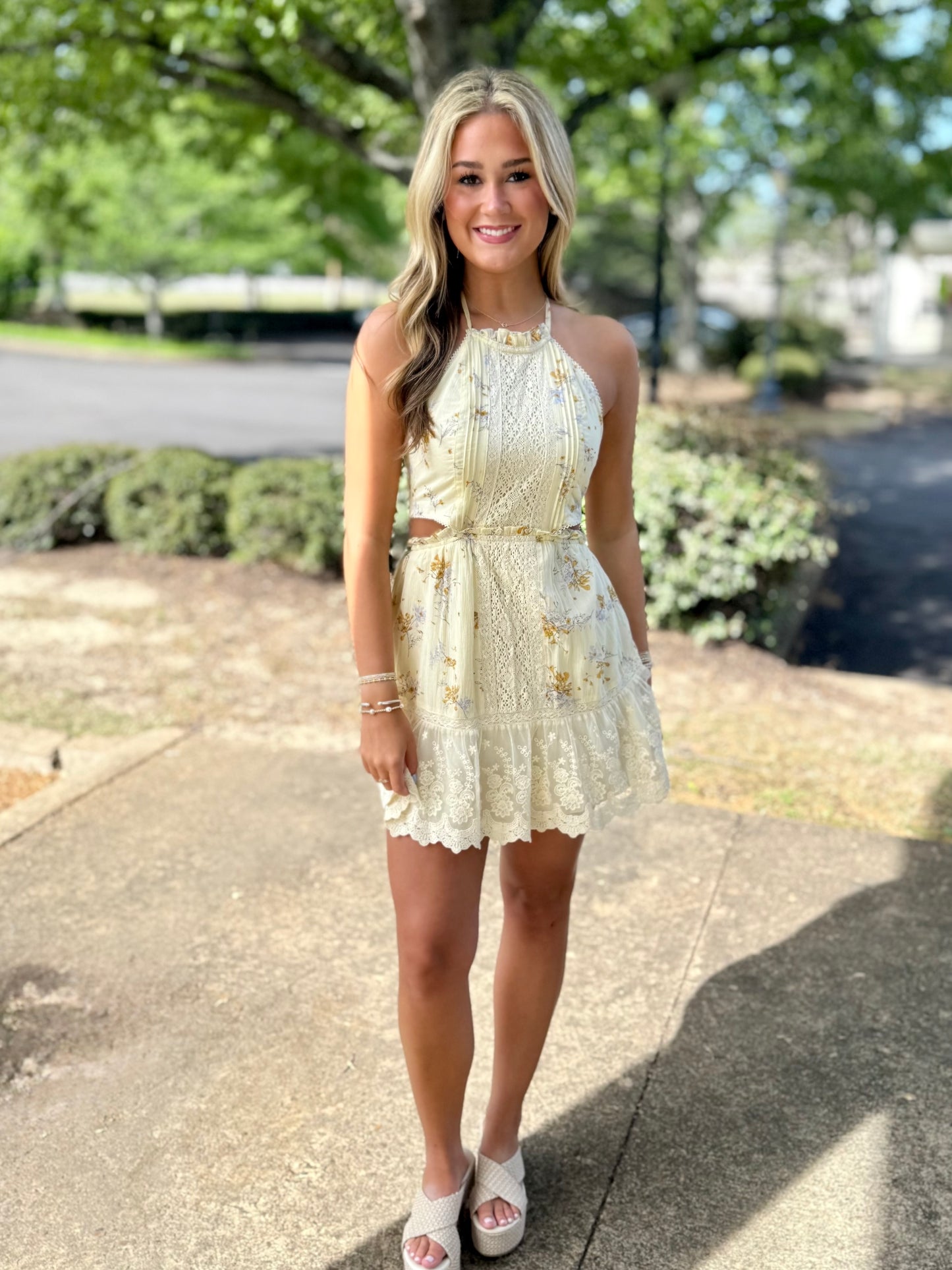 Yellow Floral Lace Halter Mini