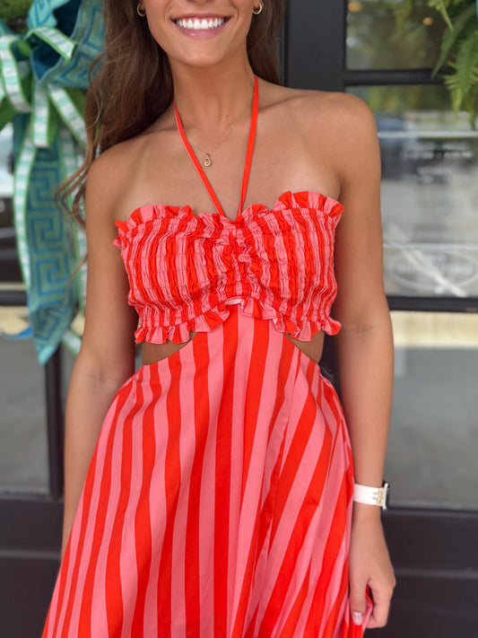 Peach Smocked Cutout Midi