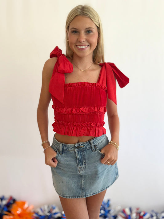 Red Micro Pleated Ruffle Top