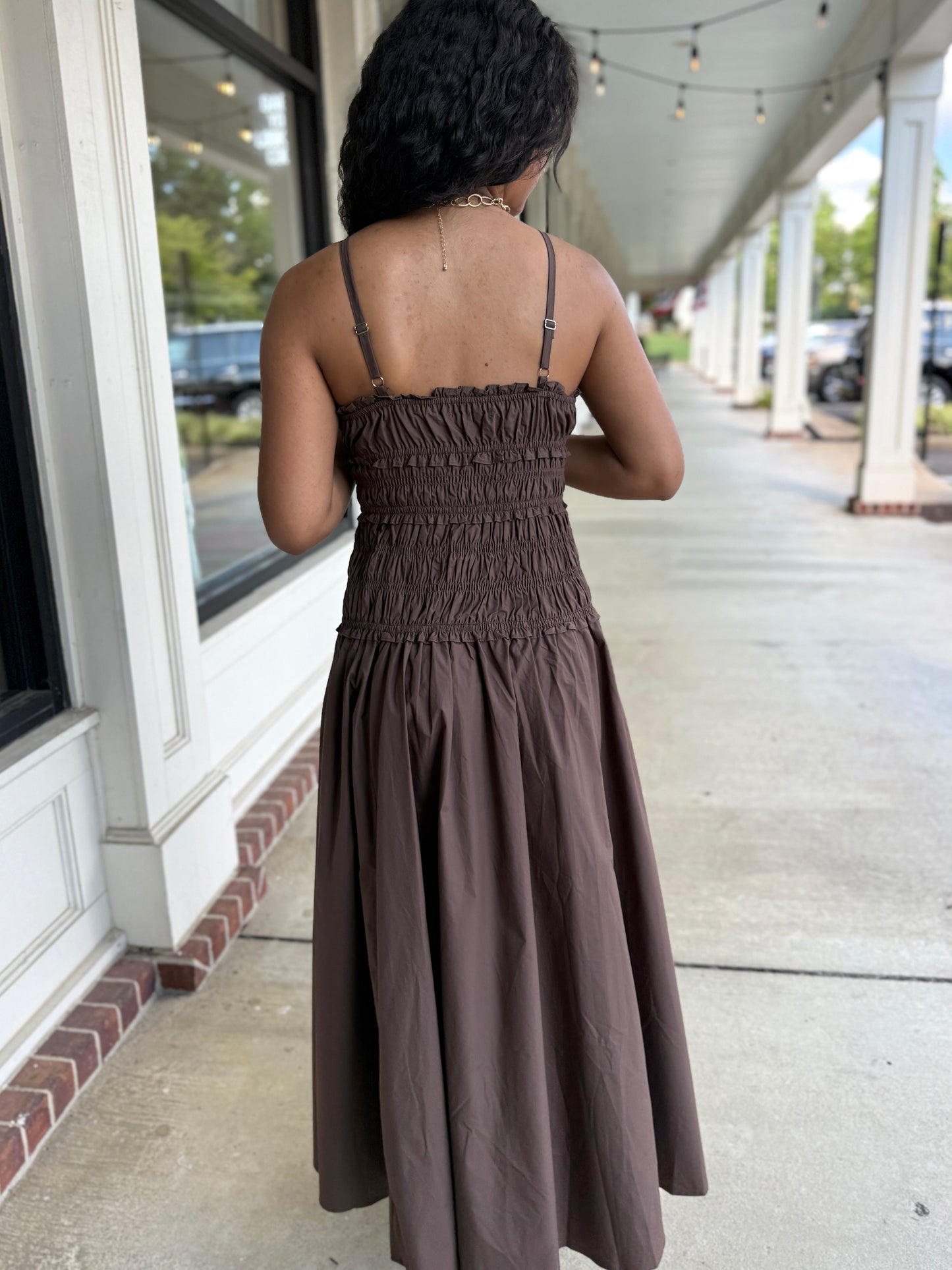 Brown Smocked Slit Maxi