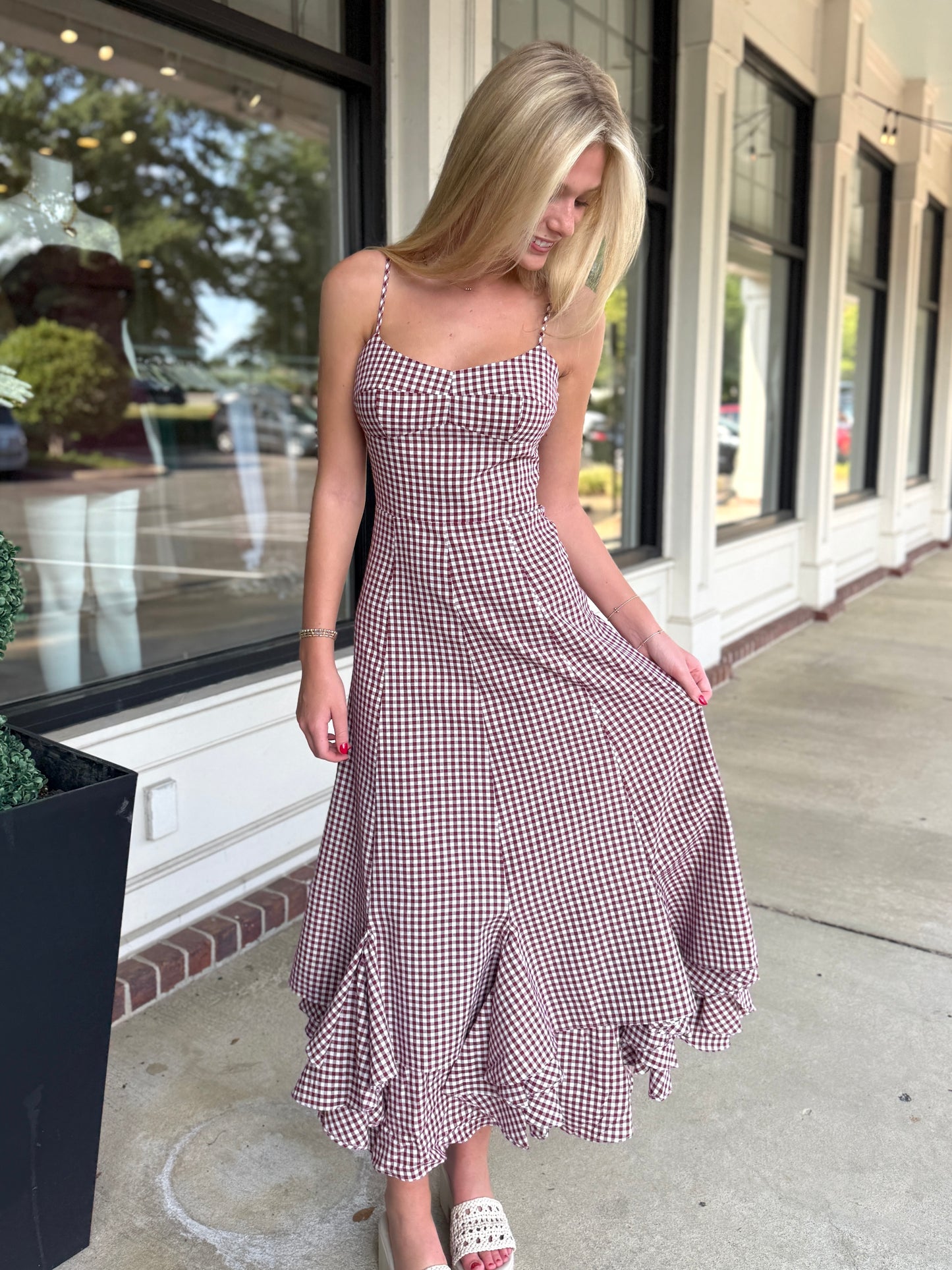 Burgundy Checker Ruffle Maxi