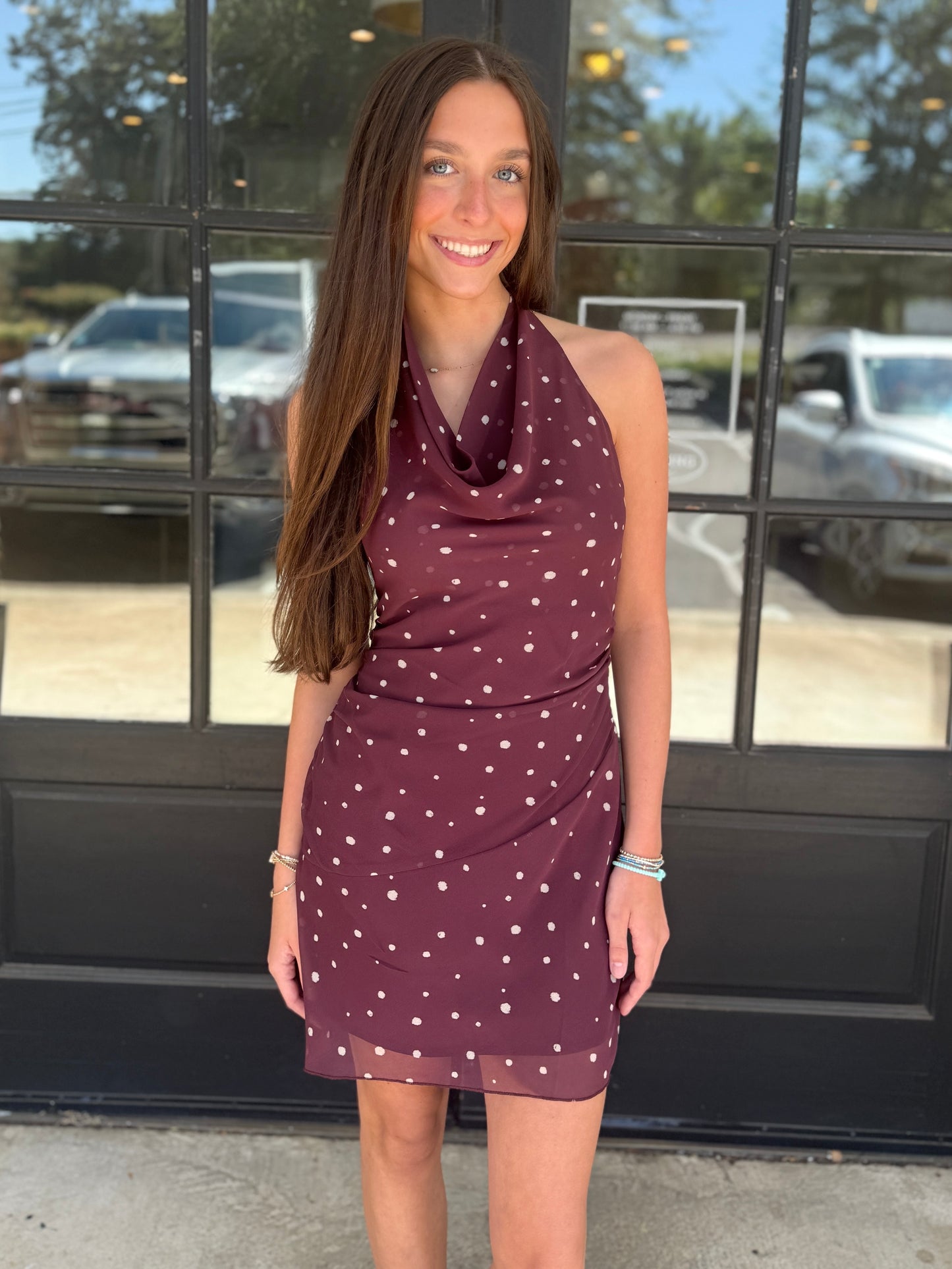 Maroon Ruched Polka Dress