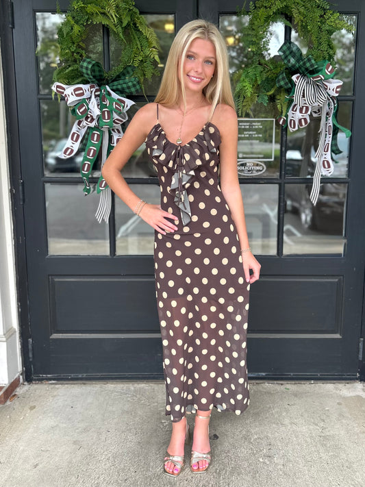 Brown Dotted Ruffle Maxi