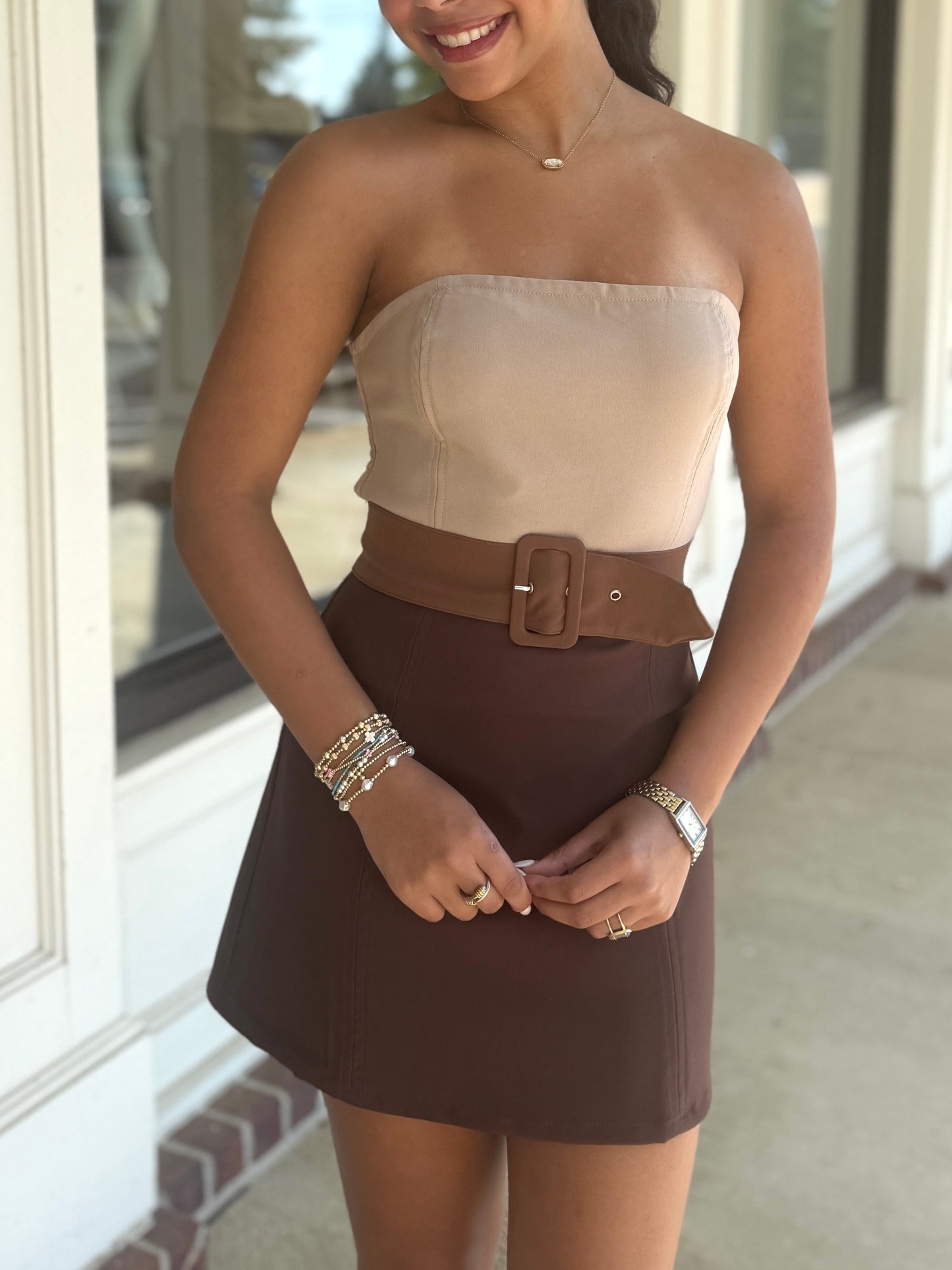 Brown Color Block Strapless Mini