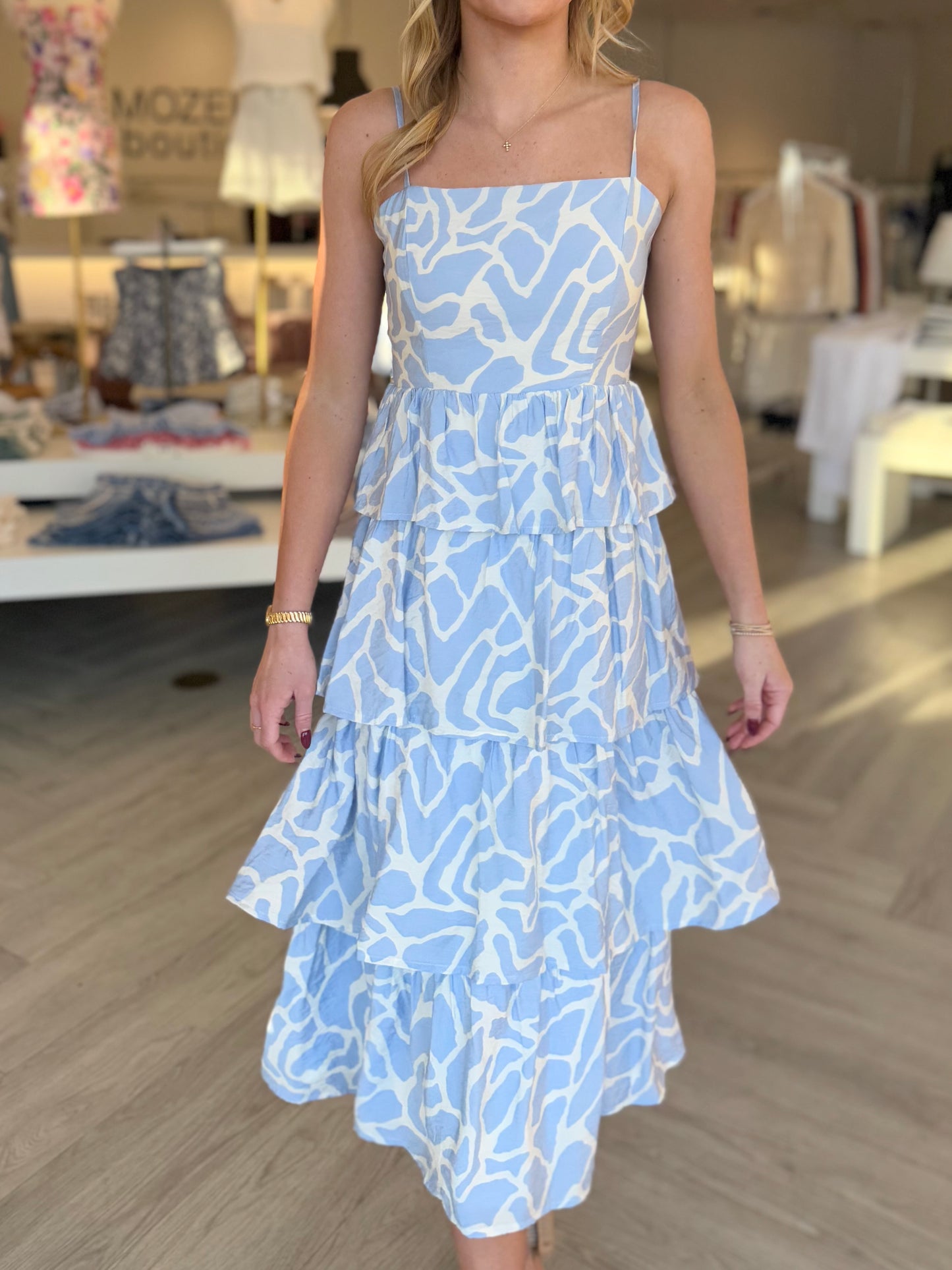 Blue Giraffe Print Tiered Dress