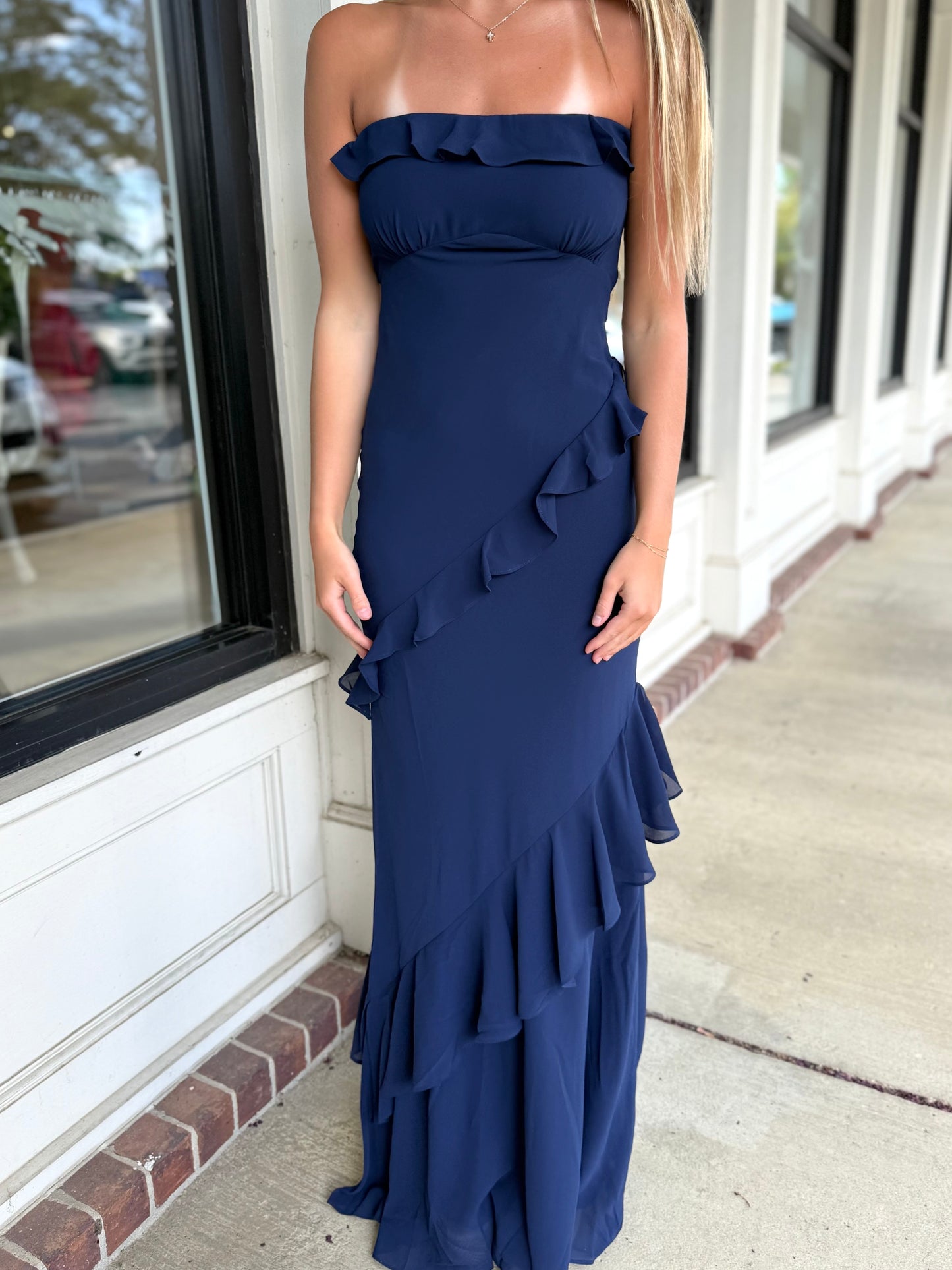 Navy Ribbon Strapless Maxi